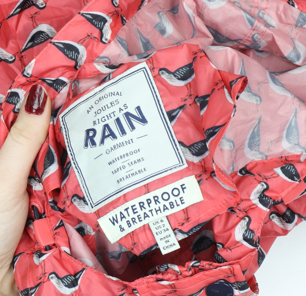 Joules Women Pink Bird Print Waterproof Hooded Rain Coat Size 6