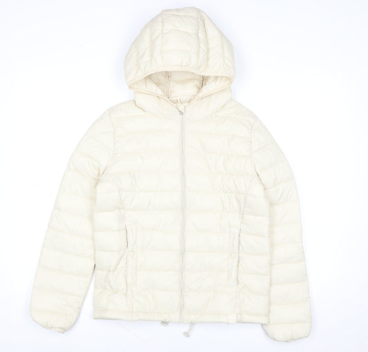 Pull & Bear Womens Ivory Puffer Jacket S Hooded Nylon Mid-Length