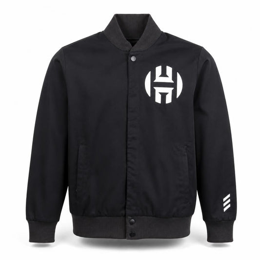 Front view of adidas Men’s Black Varsity Jacket S James Harden Basketball Logo