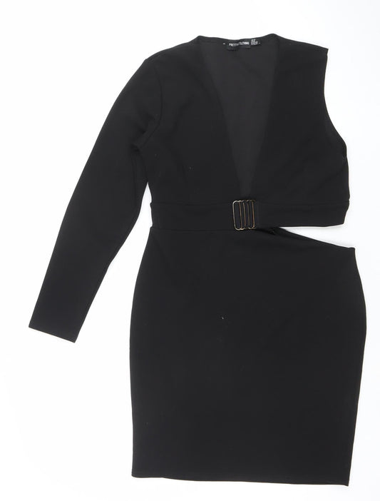 PrettyLittleThing Women’s Black Size 12 Bodycon Belted One Shoulder Dress