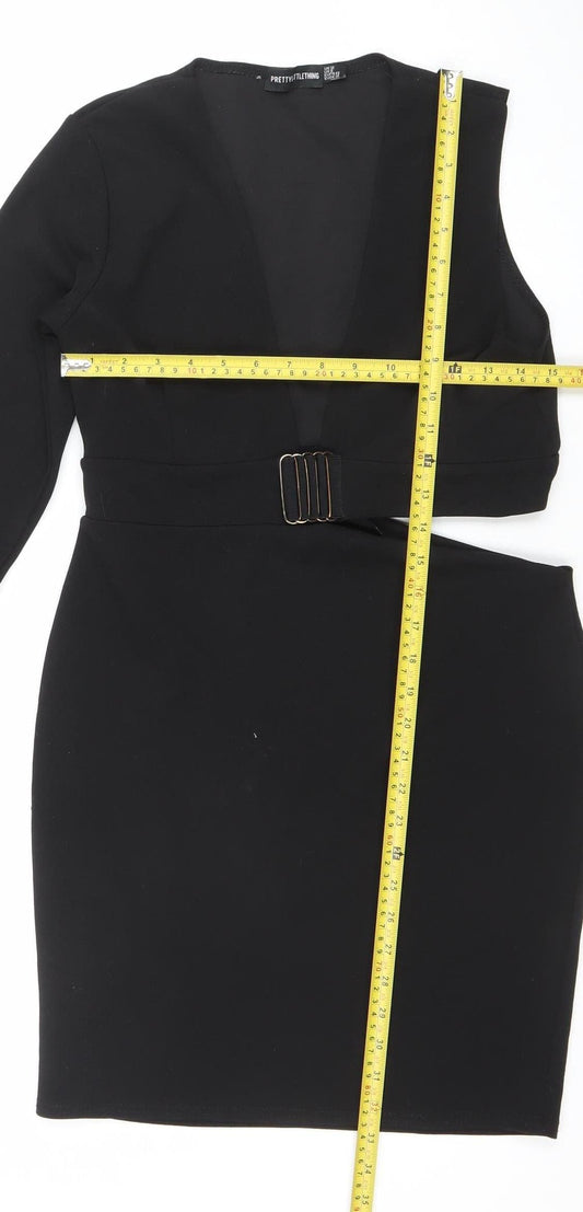 PrettyLittleThing Women’s Black Size 12 Bodycon Belted One Shoulder Dress