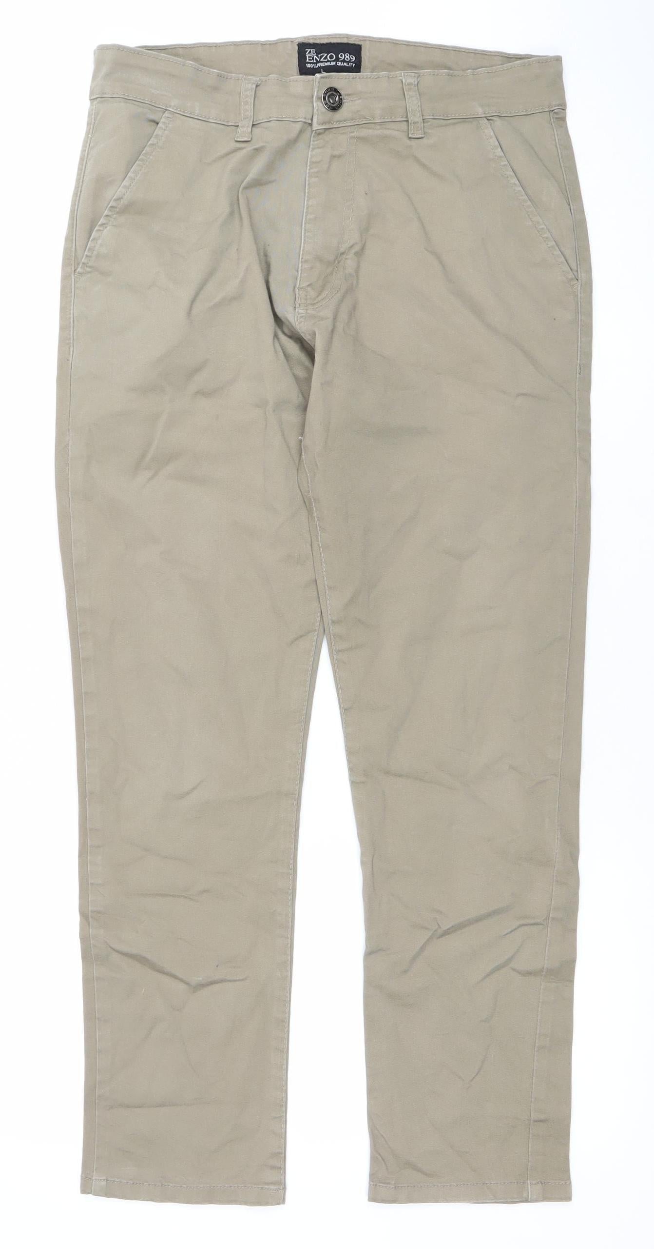 Enzo 989 Men's Beige Chino Trousers 32R Regular Fit Cotton Stretch