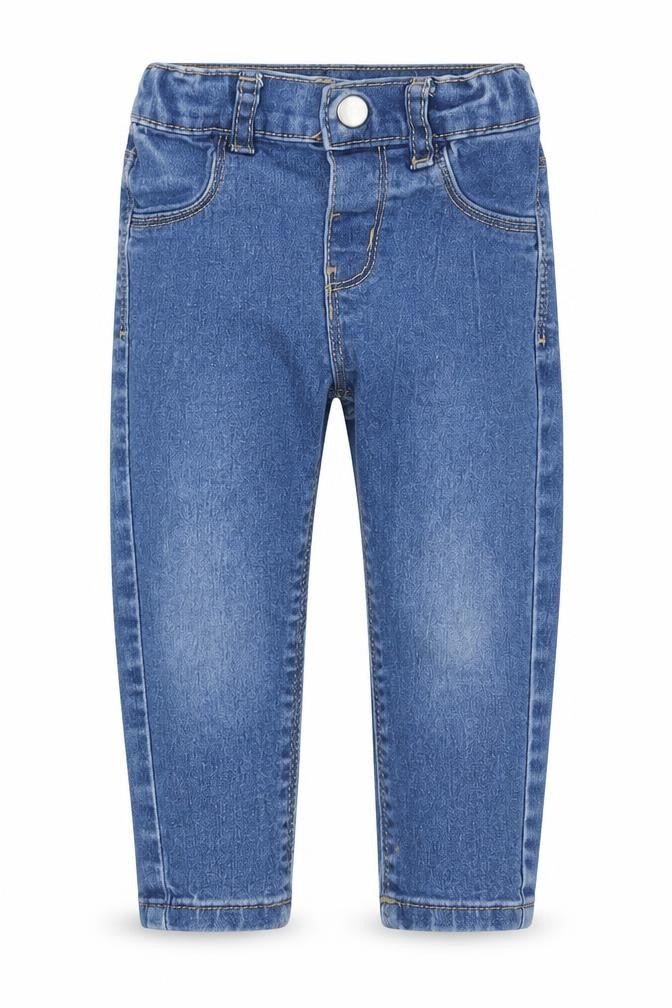 Front view of Primark unisex baby blue denim jeans 12-18 months elastic waist casual