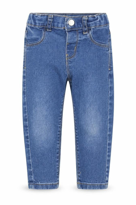 Front view of Primark unisex baby blue denim jeans 12-18 months elastic waist casual