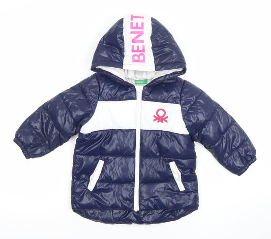 United Colors of Benetton Blue Puffer Jacket 18-24 Months Unisex Hooded Warm Coat