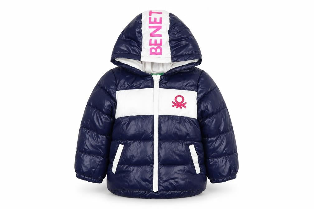 Front view of United Colors of Benetton Blue Puffer Jacket 18-24 Months unisex hooded warm coat