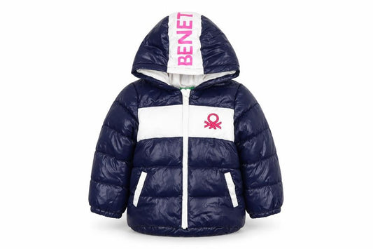Front view of United Colors of Benetton Blue Puffer Jacket 18-24 Months unisex hooded warm coat