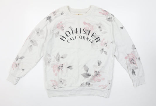 Hollister Women White Floral Crew Neck Pullover Sweatshirt S