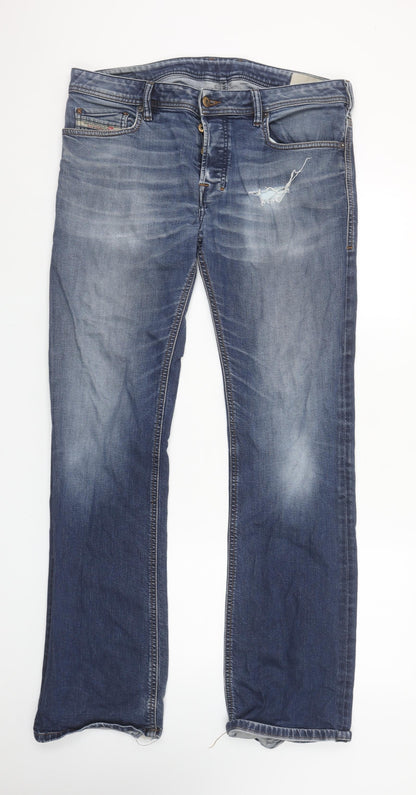 Diesel Men's Blue Distressed Straight Fit Denim Jeans Size 34