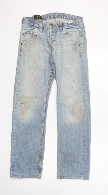 Lee Men's Light Blue Distressed Straight Denim Jeans W30 L32