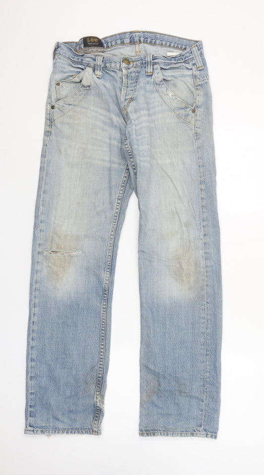 Lee Men's Light Blue Distressed Straight Denim Jeans W30 L32