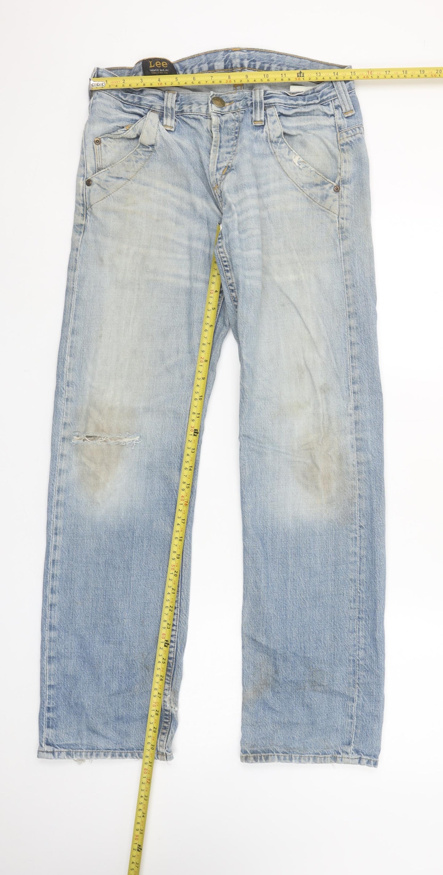 Lee Men's Light Blue Distressed Straight Denim Jeans W30 L32