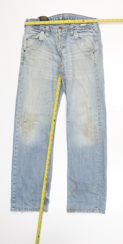 Lee Men's Light Blue Distressed Straight Denim Jeans W30 L32