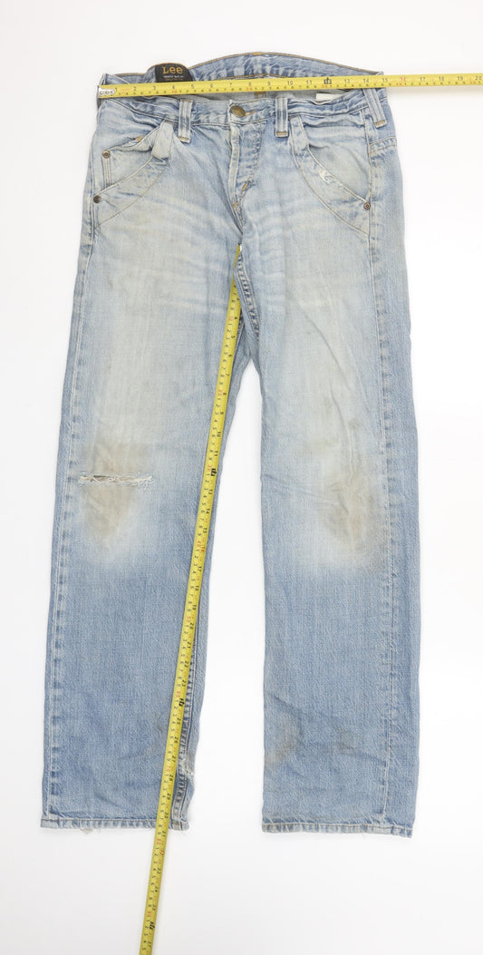 Lee Men's Light Blue Distressed Straight Denim Jeans W30 L32