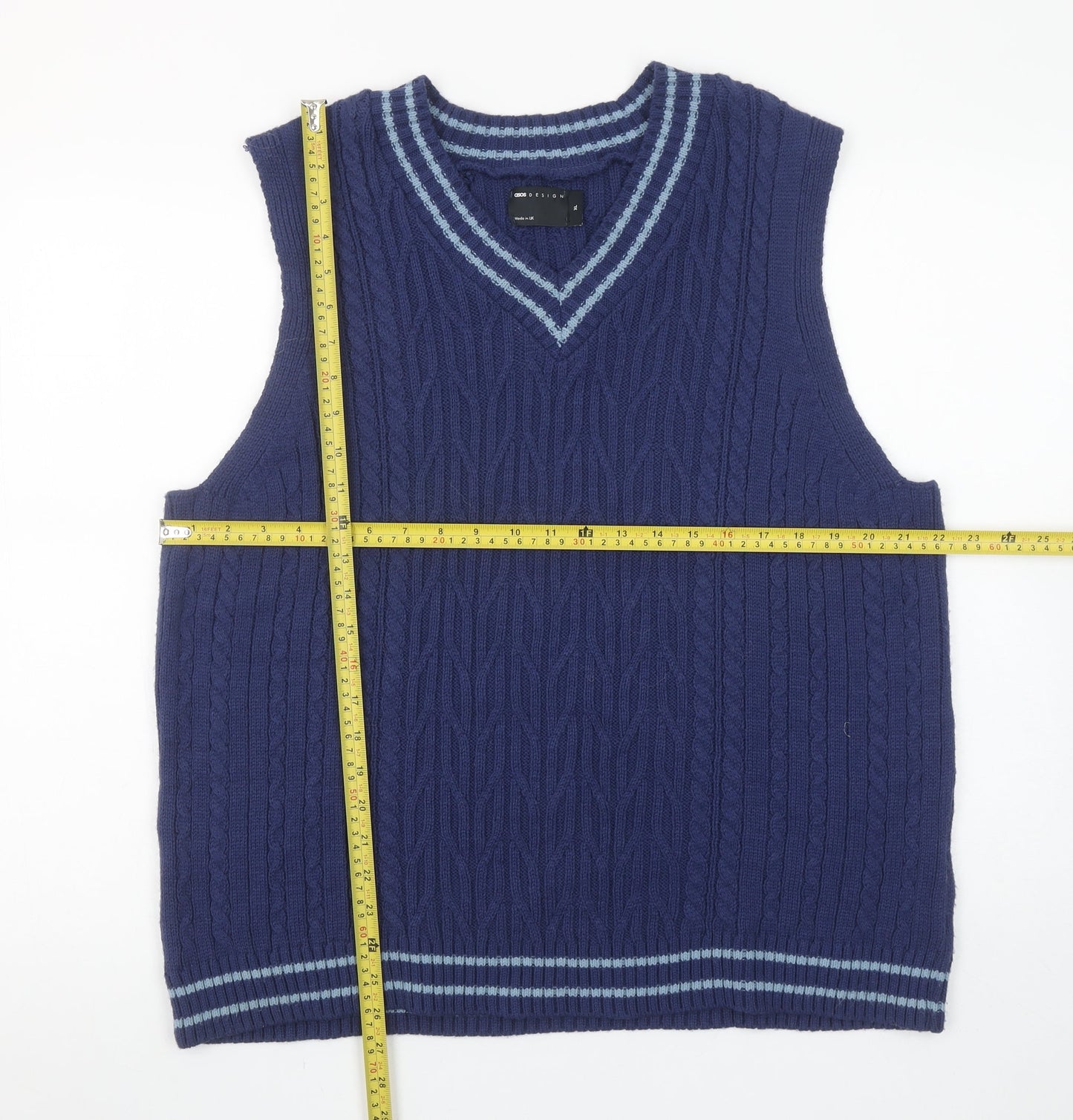 ASOS DESIGN Men's Blue XL Cable-Knit V-Neck Sleeveless Vest