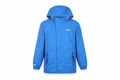 Front view of Regatta boys’ blue hooded rain coat 9-10 years waterproof outdoor jacket