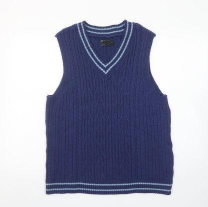 ASOS DESIGN Men's Blue Cable-Knit Sleeveless V-Neck Vest M