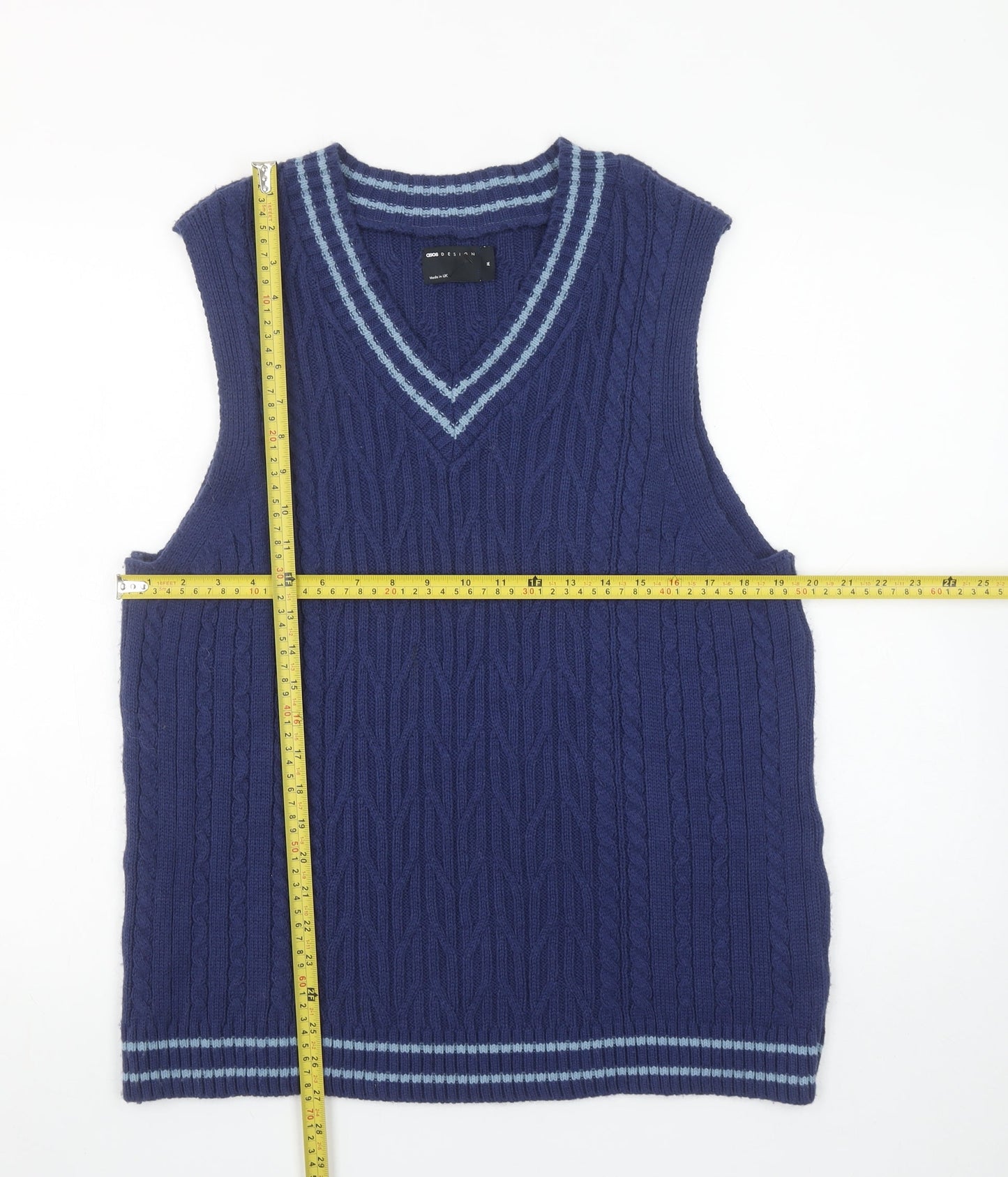 ASOS DESIGN Men's Blue Cable-Knit Sleeveless V-Neck Vest M