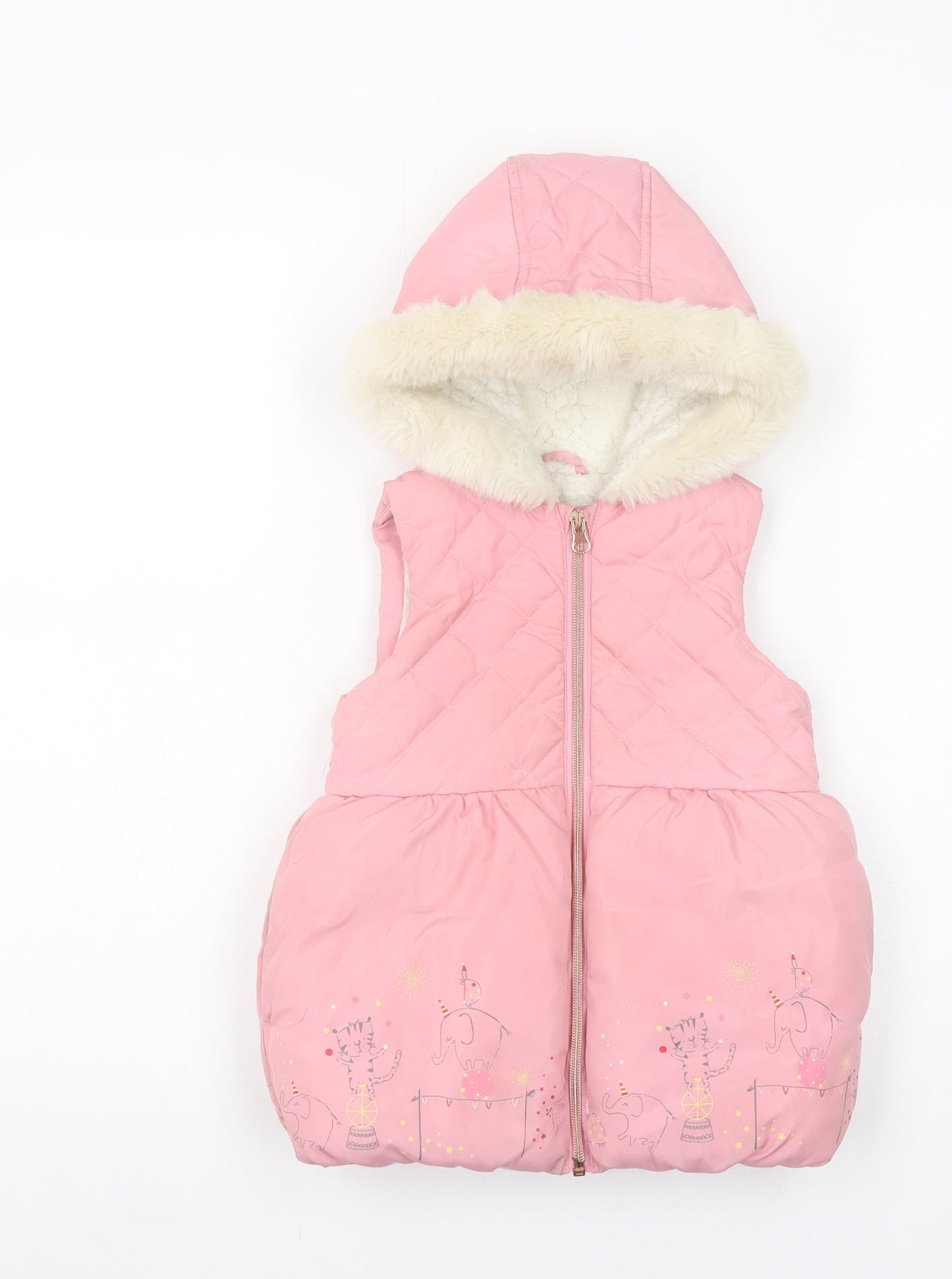 Mothercare Girls Pink Hooded Puffer Coat 18-24 Months Quilted Faux Fur Trim