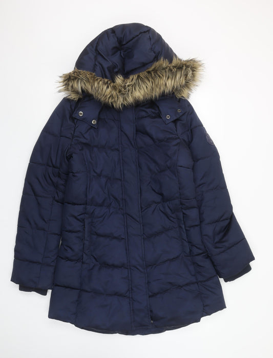 H&M Women's Navy Hooded Puffer Coat Faux Fur Trim Size 14Y