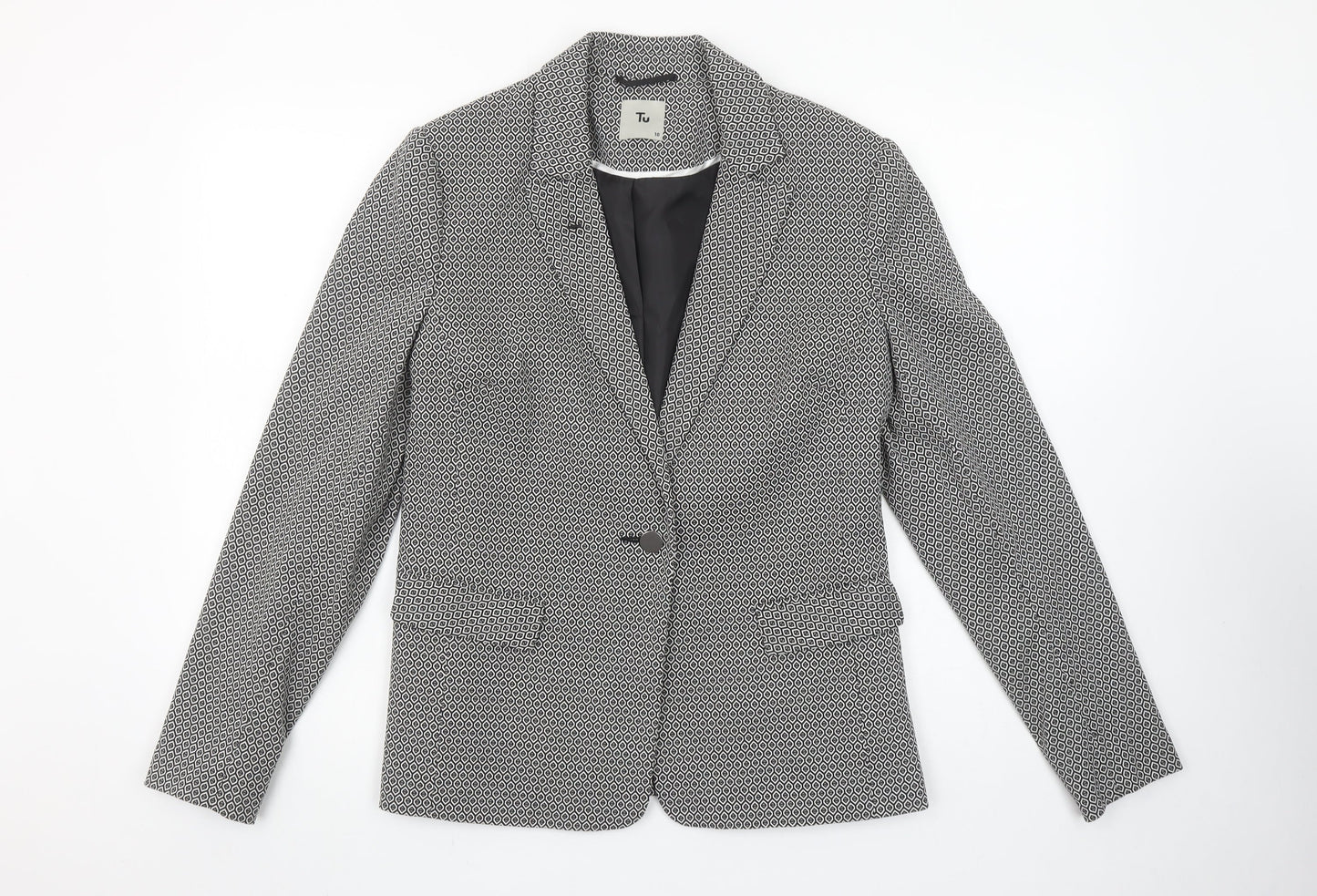 Tu Women Black Geometric Single-Breasted Blazer Size 10