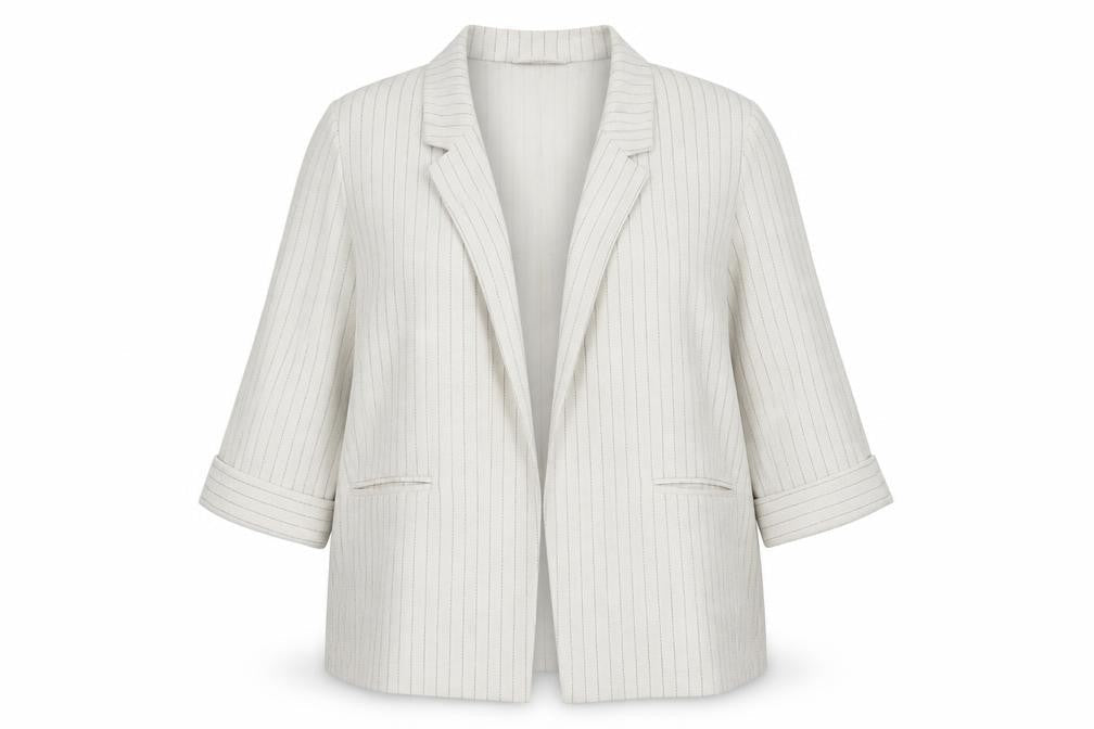 Front view of Papaya Women Beige Striped Linen Blend Blazer Jacket, size 18