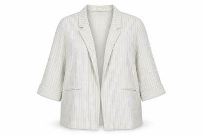 Front view of Papaya Women Beige Striped Linen Blend Blazer Jacket, size 18