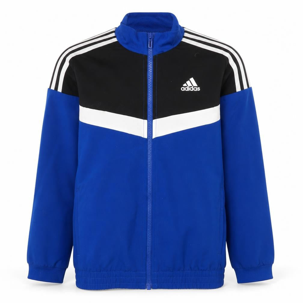 Front view of Adidas boys’ blue black track jacket 9-10 years full zip lightweight sportswear
