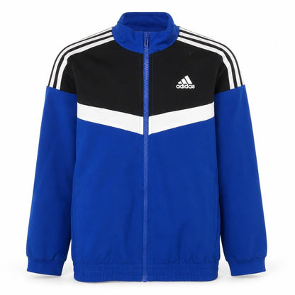 Front view of Adidas boys’ blue black track jacket 9-10 years full zip lightweight sportswear