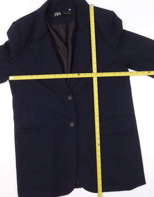 Zara Women Blue Size 12 Regular Fit Blazer Two-Button Wool Look Suit Jacket