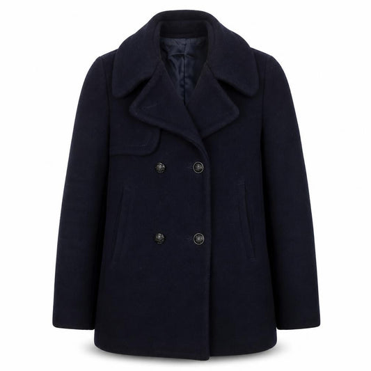 Front view of Claudie Pierlot women’s black wool pea coat, size UK 36, regular fit