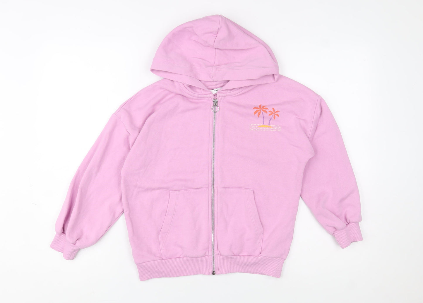 Marks and Spencer Girls Pink Full Zip Hoodie 9-10 Years Paradise Palms Embroidered