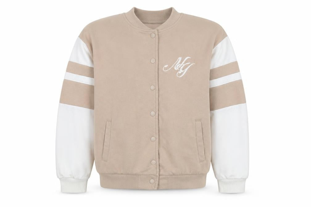 Front view of New Look girls’ beige varsity jacket 915 age 12-13 snap button casual