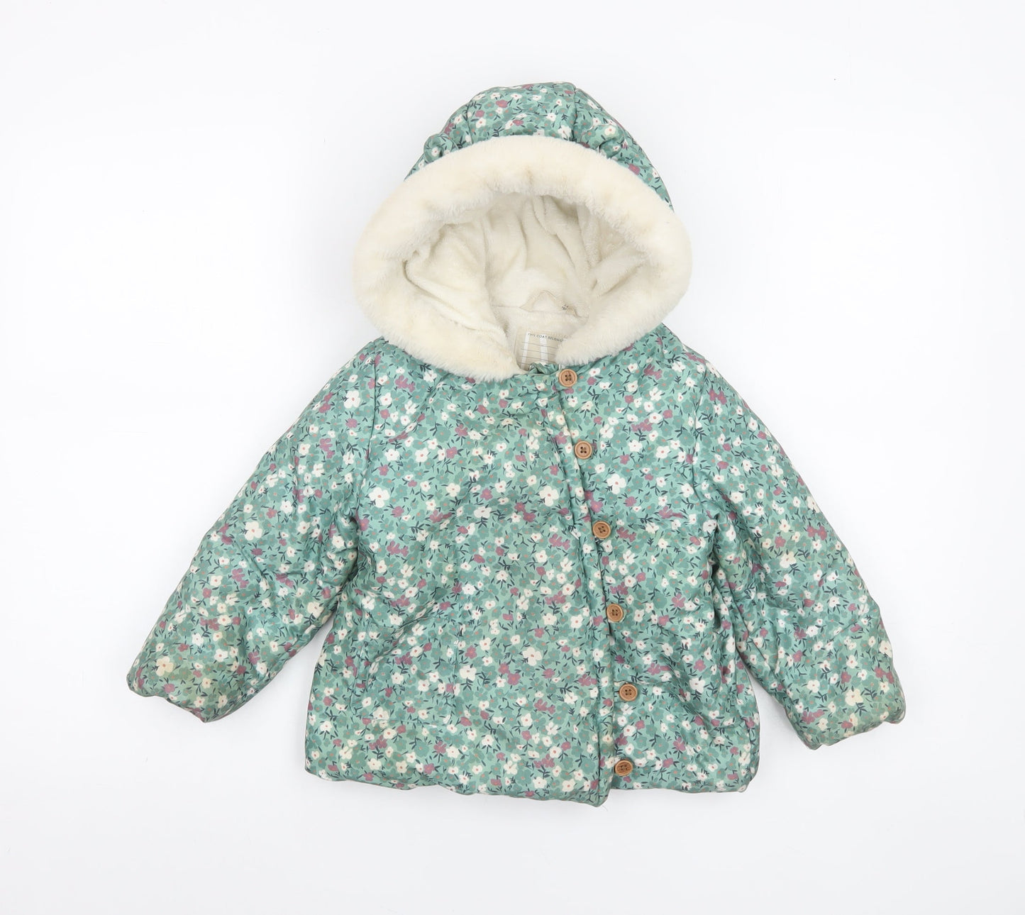 John Lewis Girls Green Floral Hooded Puffer Coat 3-4 Years