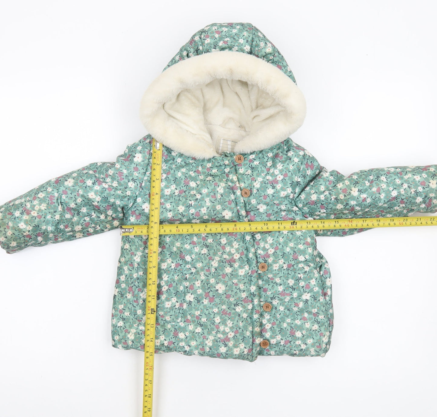 John Lewis Girls Green Floral Hooded Puffer Coat 3-4 Years