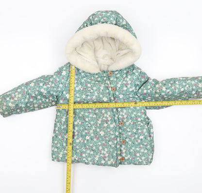 John Lewis Girls Green Floral Hooded Puffer Coat 3-4 Years