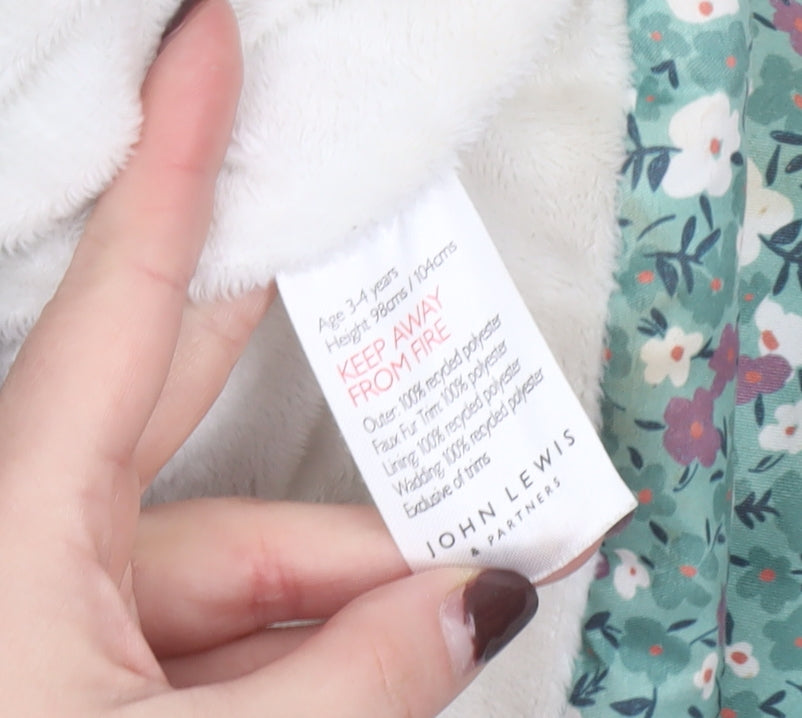 John Lewis Girls Green Floral Hooded Puffer Coat 3-4 Years