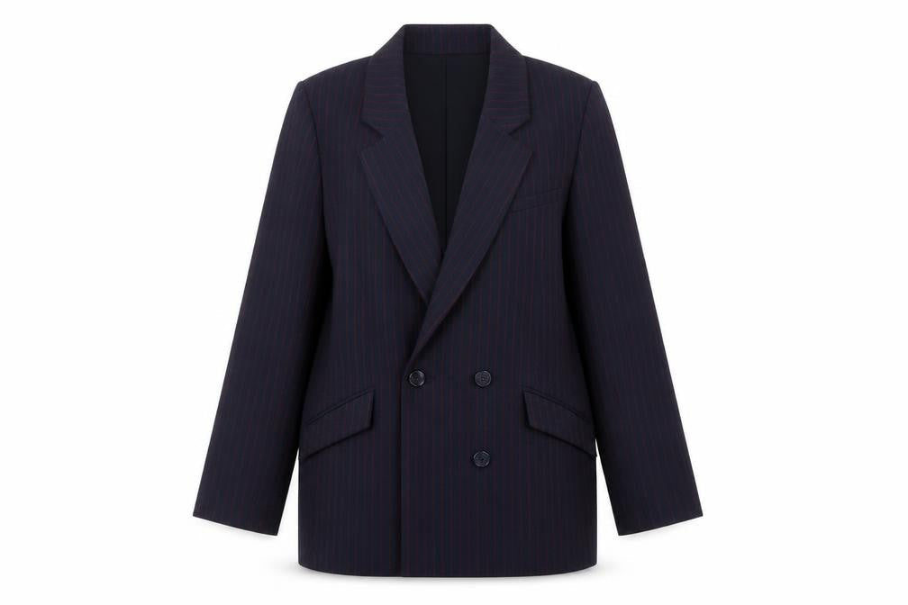 Front view of Nine by Savannah Miller Women’s Navy Pinstripe Double-Breasted Blazer, size UK 14