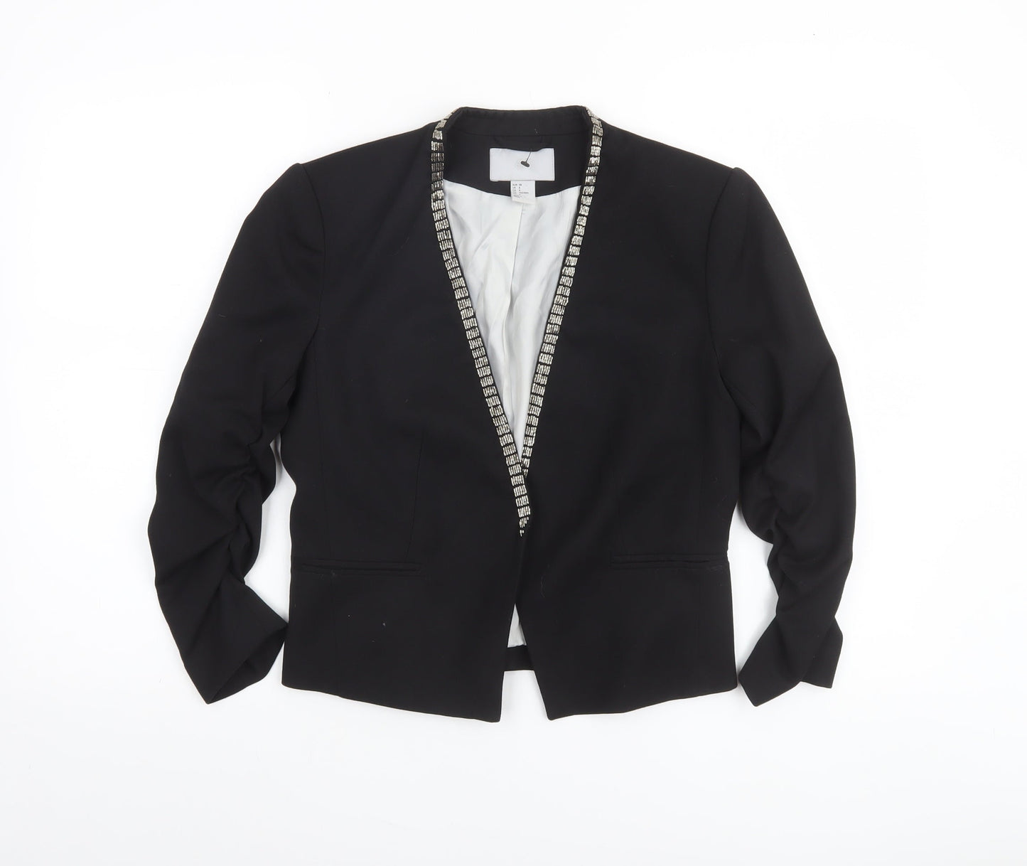 H&M Women Black Beaded Trim Blazer Jacket Size 10 Regular Fit