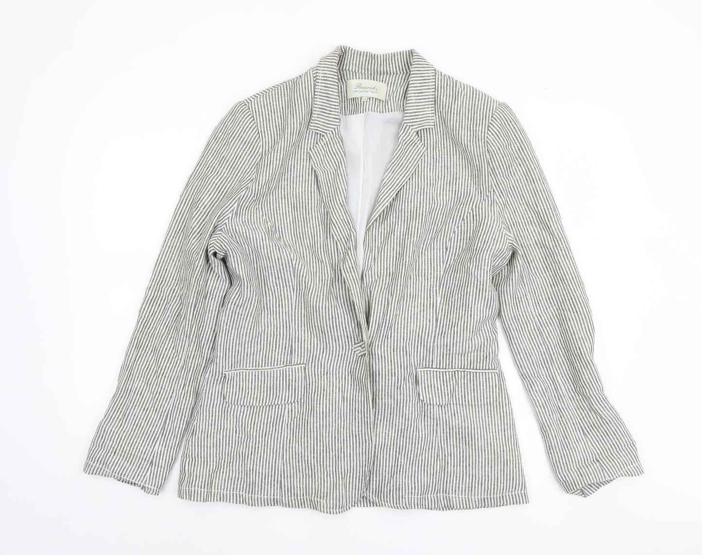 Peacocks Women Grey Striped Linen Blend Blazer Size 14 Regular Fit