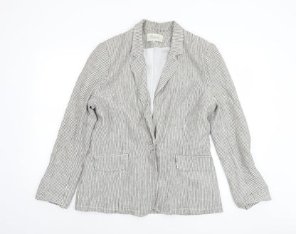 Peacocks Women Grey Striped Linen Blend Blazer Size 14 Regular Fit