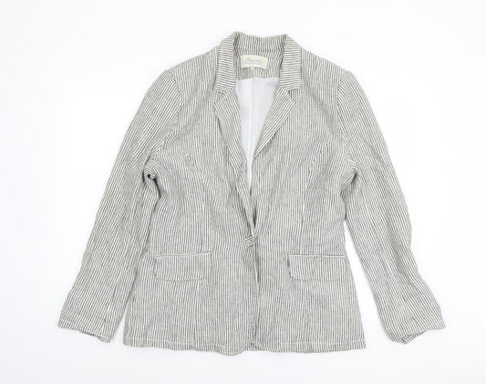 Peacocks Women Grey Striped Linen Blend Blazer Size 14 Regular Fit
