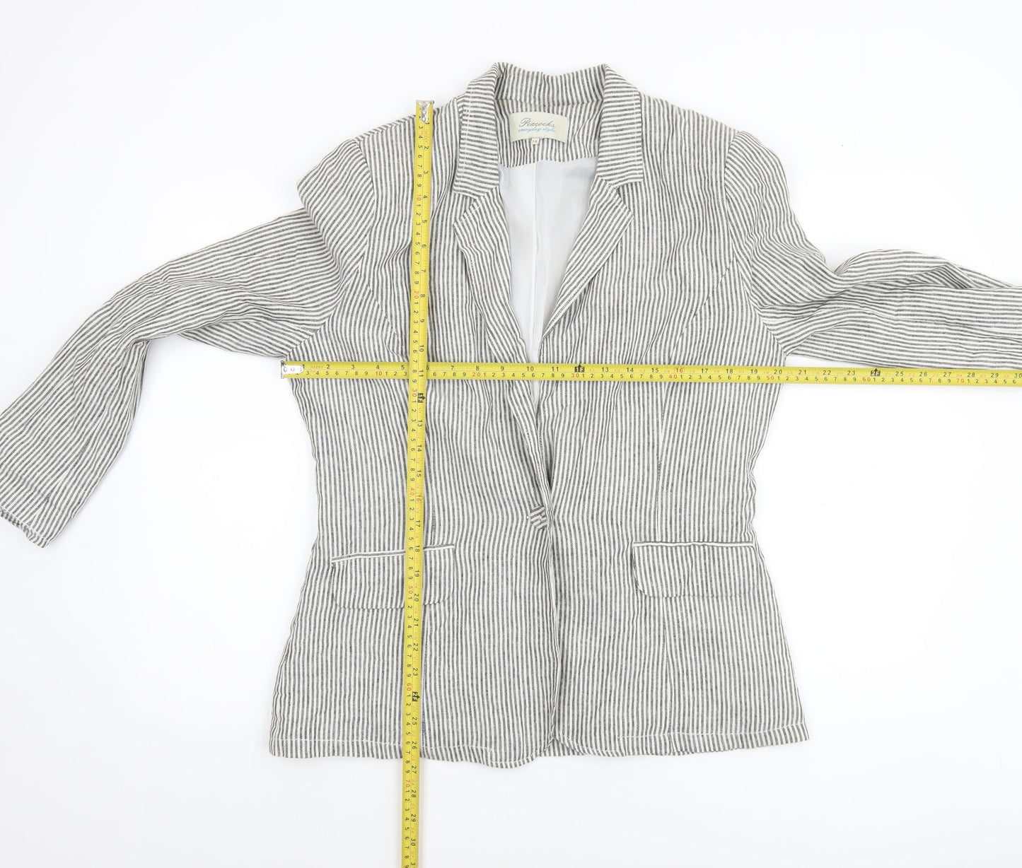 Peacocks Women Grey Striped Linen Blend Blazer Size 14 Regular Fit