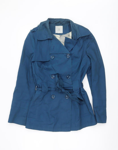 TU Women’s Blue Cotton Trench Coat Size 10 Belted Mid-Length