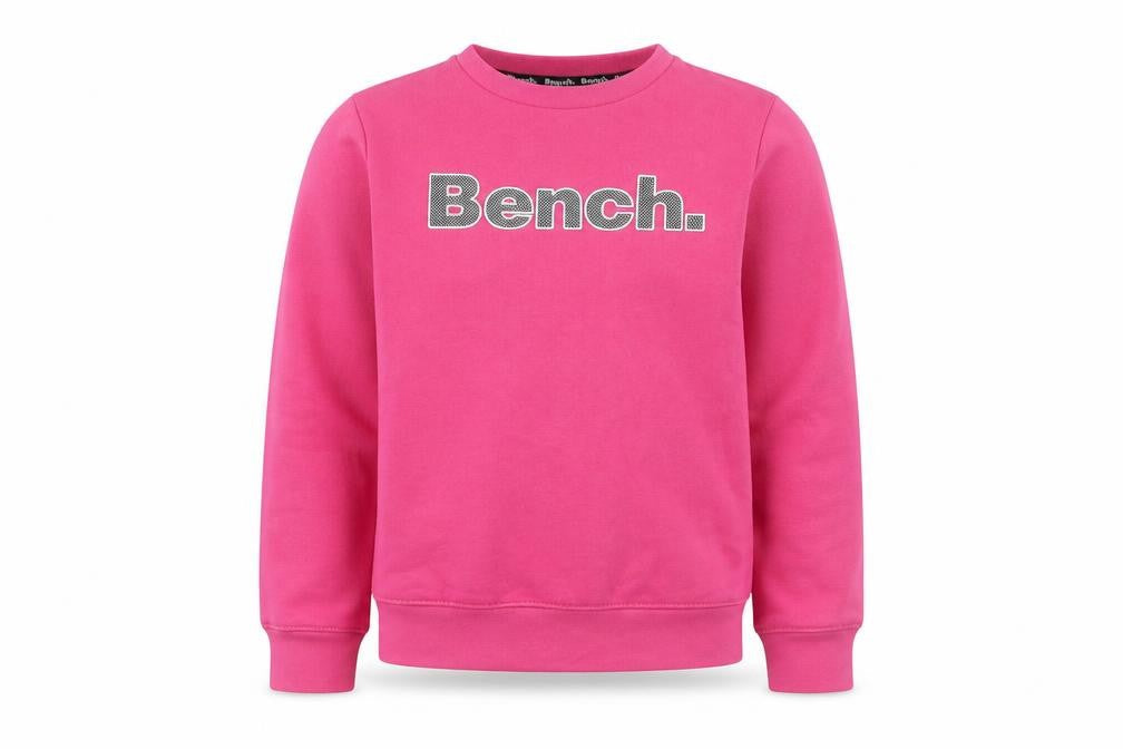 Front view of Bench girls’ pink logo pullover sweatshirt 13 years fleece crew neck