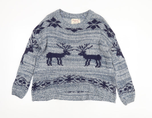 Falmer Heritage Women's Blue Fair Isle Reindeer Wool Blend Jumper Size S