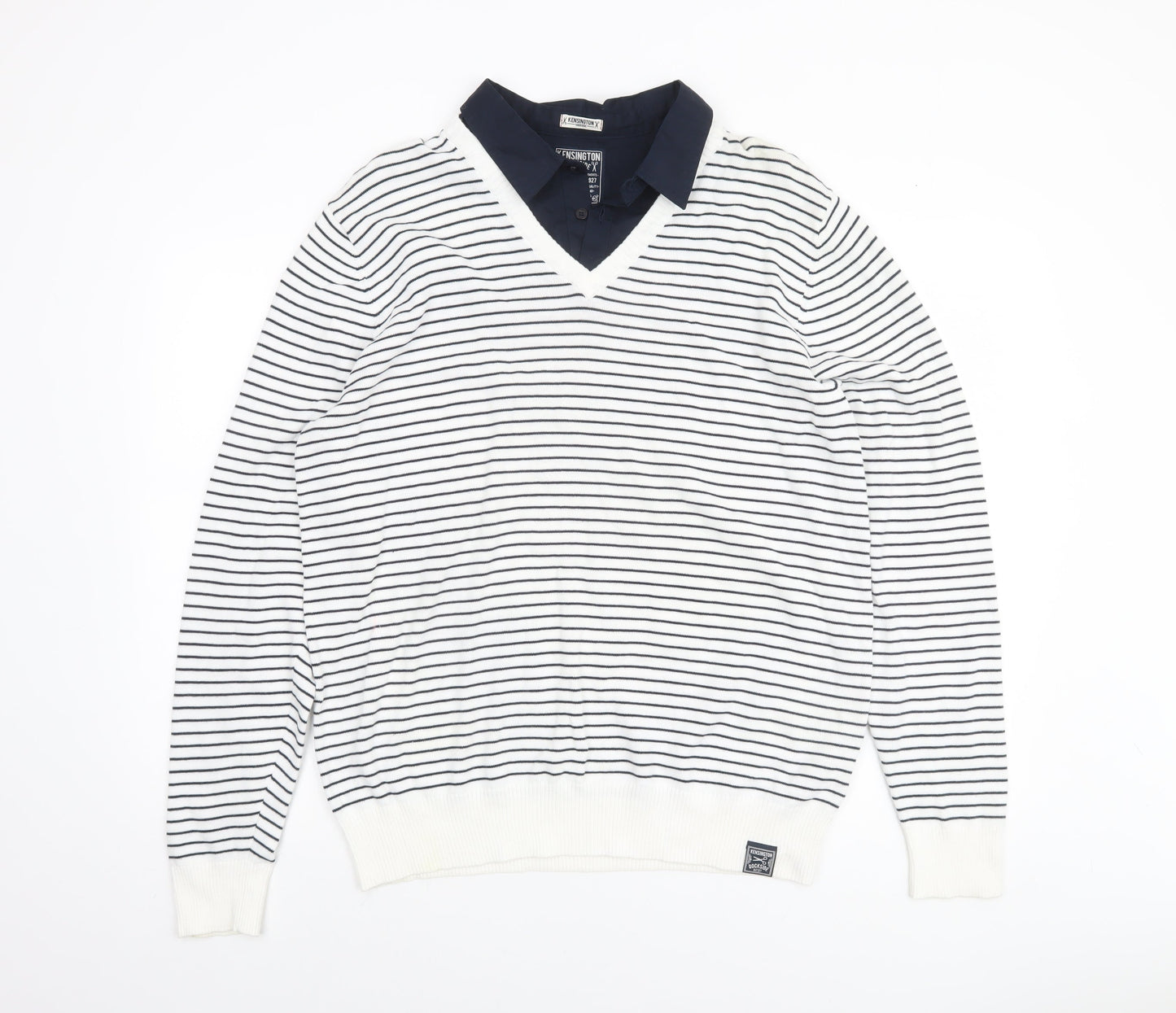 Kensington Dockside Mens White Striped V-Neck Jumper Size 2XL
