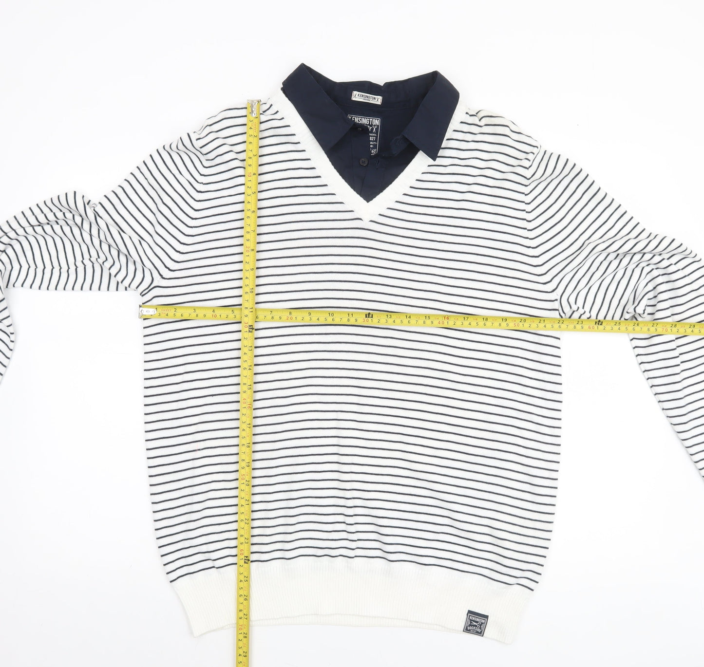 Kensington Dockside Mens White Striped V-Neck Jumper Size 2XL