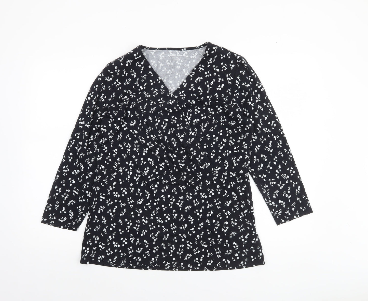 Lands' End Women's Black Floral Wrap Jersey Long Sleeve Top M