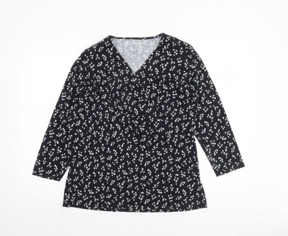 Lands' End Women's Black Floral Wrap Jersey Long Sleeve Top M